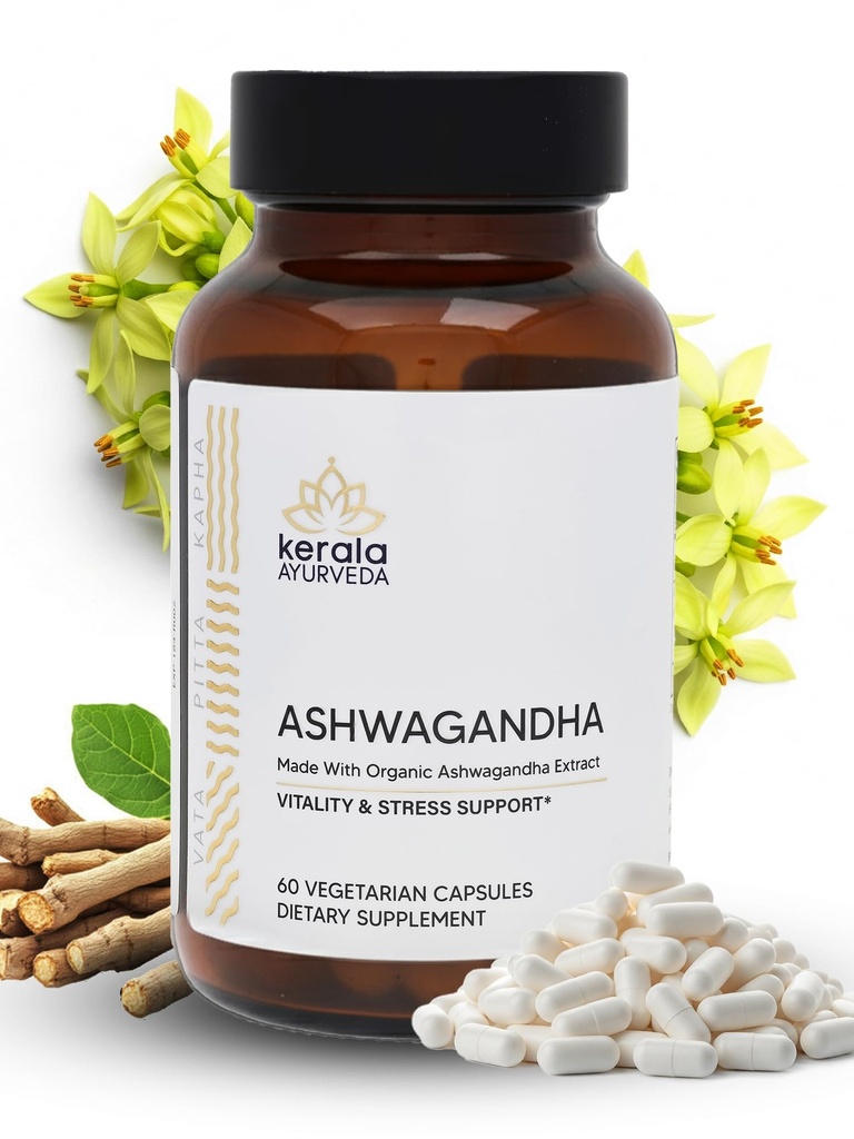 Kerala Ayurveda Ashwagandha Capsules – 60 Vegan Capsules | Organic Adaptogen for Stress Support, Mood Balance & Daily Vitality | Supports Healthy Stress Response & Immune Support | Prop 65 Compliant