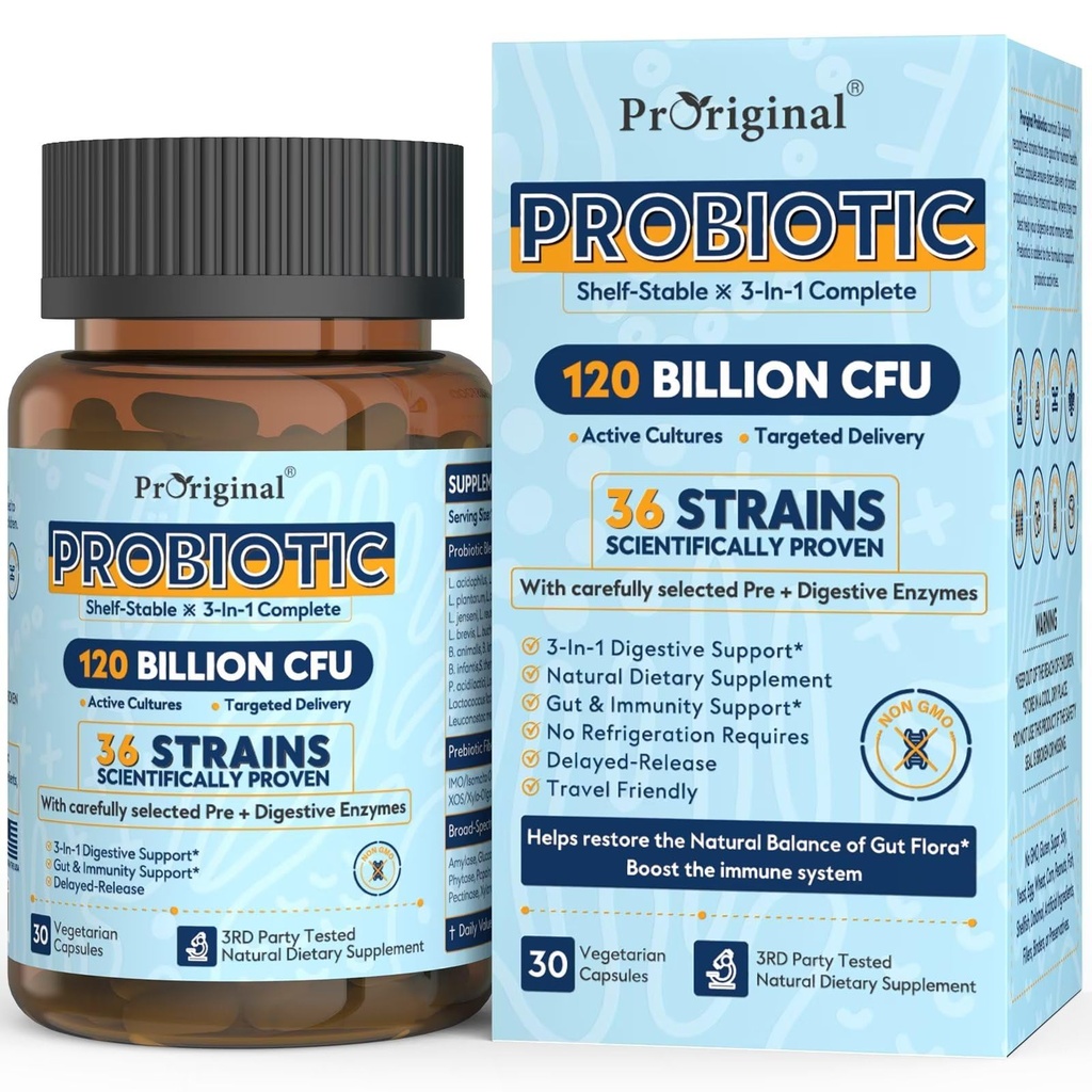Probiotics for Women & Men 120 Billion CFU with 36 Probiotic Strains for Digestive Health and Gut Health, Delayed Release Capsules, Stomach Acid Resistant, No Need for Refrigeration 30 Capsules