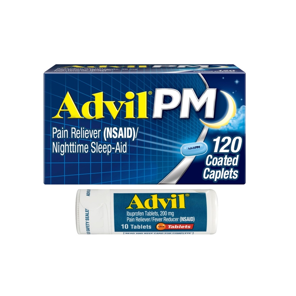 Advil PM Pain Reliever and Nighttime Sleep Aid, Ibuprofen for Pain Relief and Diphenhydramine Citrate for a Sleep Aid - 120 Coated Caplets and Pain Reliever and Fever Reducer, 10 Count Tablets