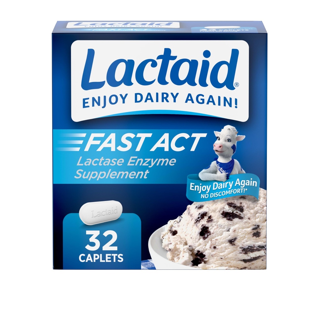 Lactaid Fast Act Lactose Intolerance Relief Caplets with Lactase Enzyme to Prevent Gas, Bloating & Diarrhea Due to Lactose Sensitivity, Ideal for Travel & On-the-Go, 32 Packs of 1-Count