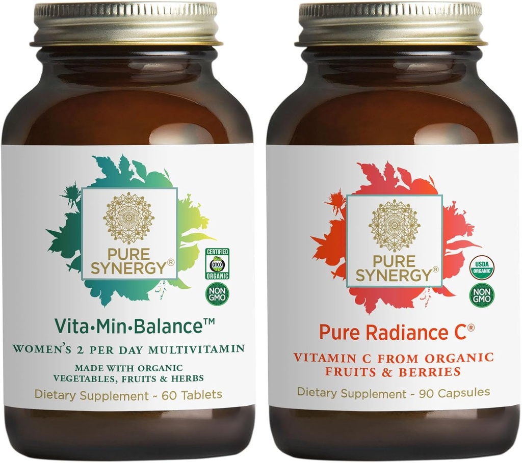PURE SYNERGY Women’s Multivitamin, Stress, and Energy Essentials Bundle | Whole Food Multi with Adaptogens | Natural Vitamin C Immune and Skin Supplement | Vegan, Non-GMO, and Organic Ingredients