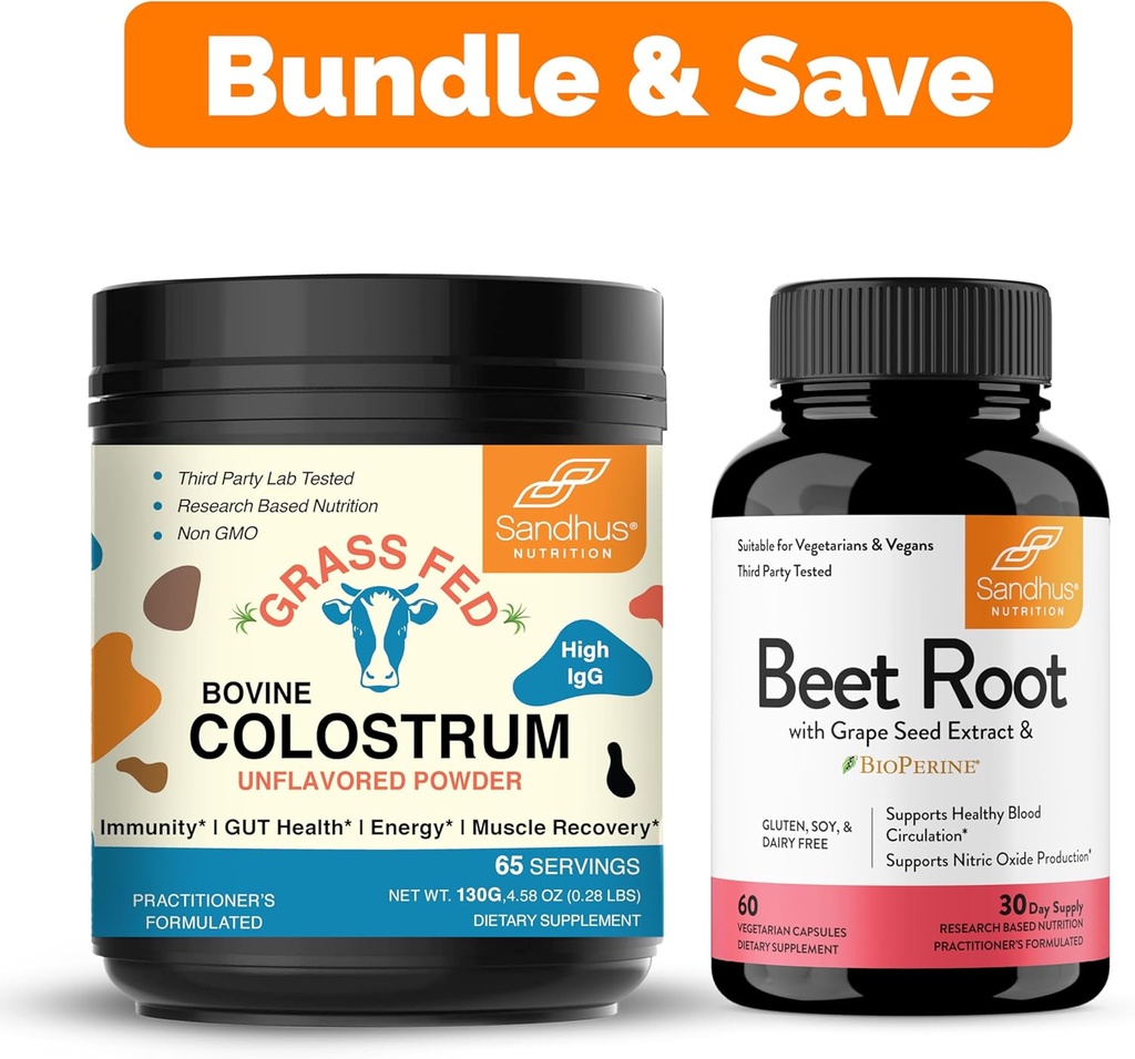 Sandhu's Pure Bovine Colostrum Powder Supplement for Humans & Beet Root Powder with Bioperine Capsules| Supports Immune, Gut, Muscle & Healthy Energy Levels