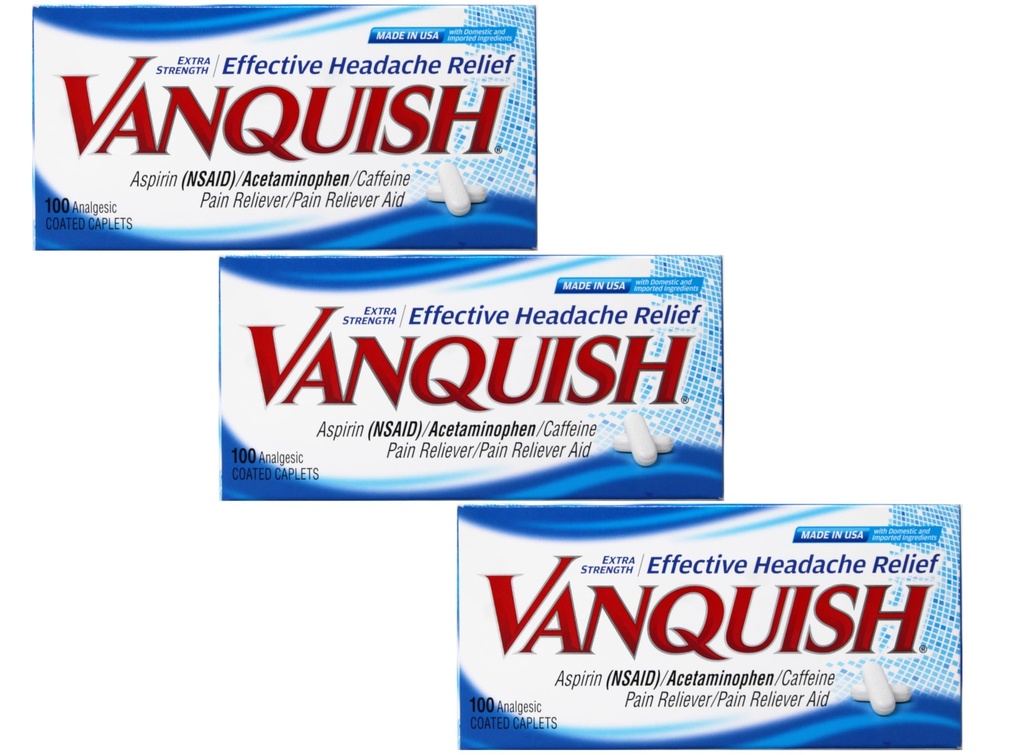 Vanquish Effective Headache Relief – Aspirin (NSAID), Acetaminophen, Caffeine, 100 Analgesic Coated Caplets - 3 Pack