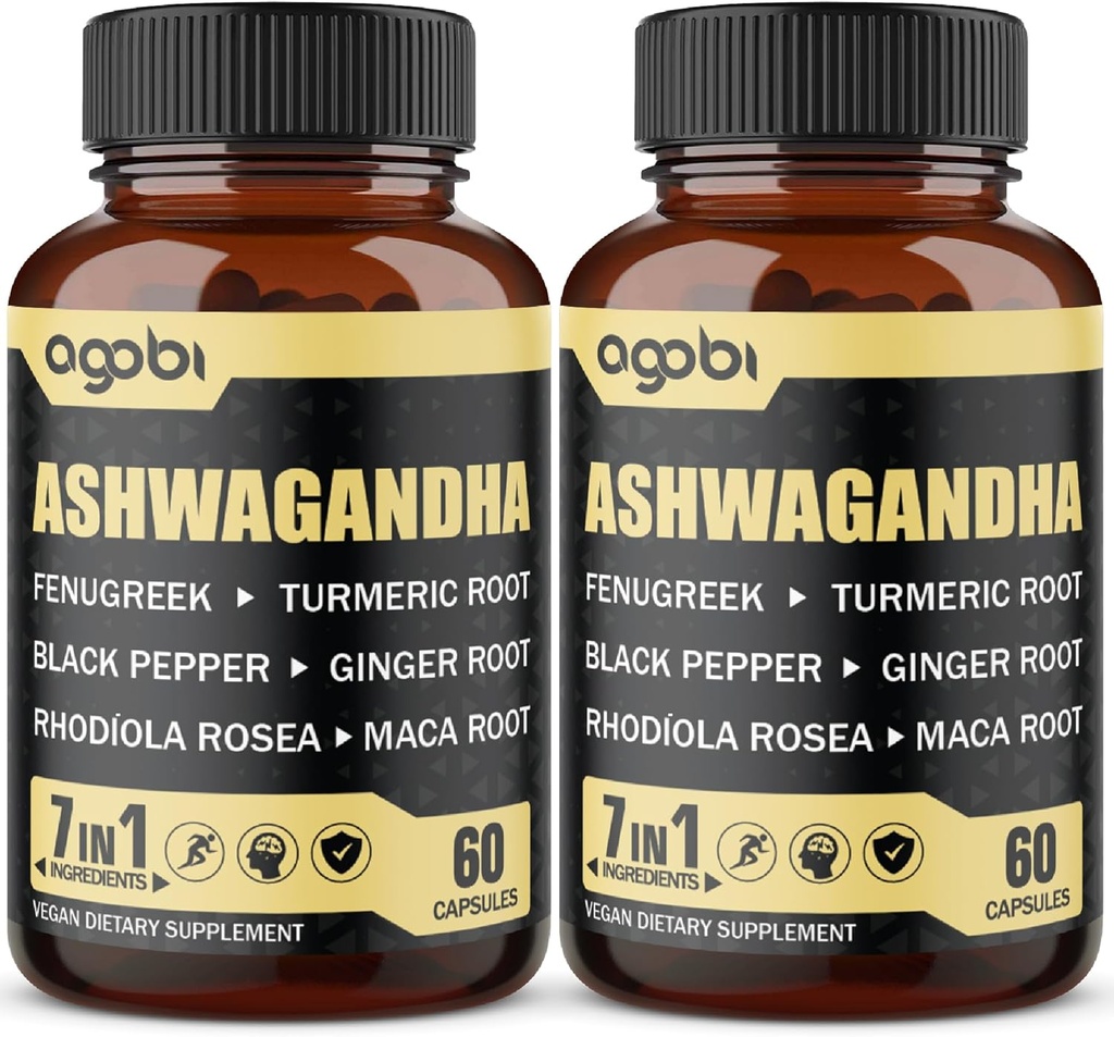 2 Packs 60 Capsules - 8050mg Ashwagandha Extract Supplement - 7in1 with Fenugreek, Maca, Turmeric, Rhodiola, Ginger & Black Pepper - Spirit, Immune & Energy Support - 4 Month Supply
