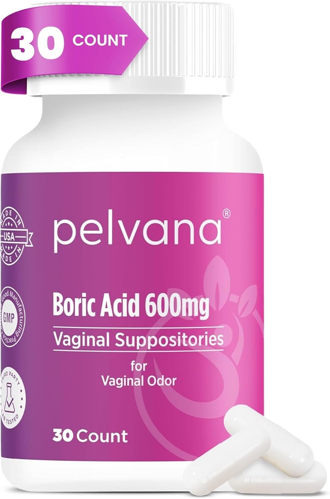 Pelvana Boric Acid Suppositories for Women 30 Count - for Vaginal Odor & Freshness, Feminine Hygiene & Wellness - Third-Party Lab Verified & Bottled in The USA - Feminine Health Odor Solution