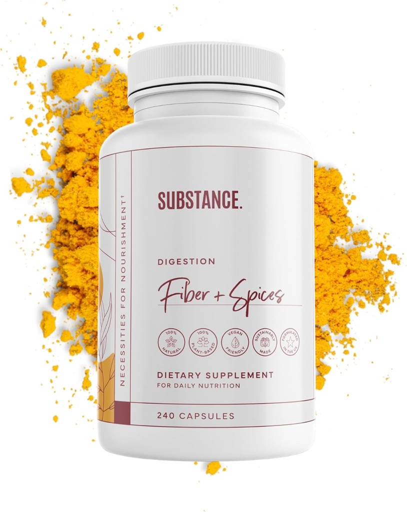SUBSTANCE. - Nature's Fiber & Spices for Digestive Wellness - Supports Colon Cleanse - Formulated with Psyllium Husk, Flax Seed & Ginger - Dietary Fiber Supplement - Vegan-Friendly - 240 Capsule