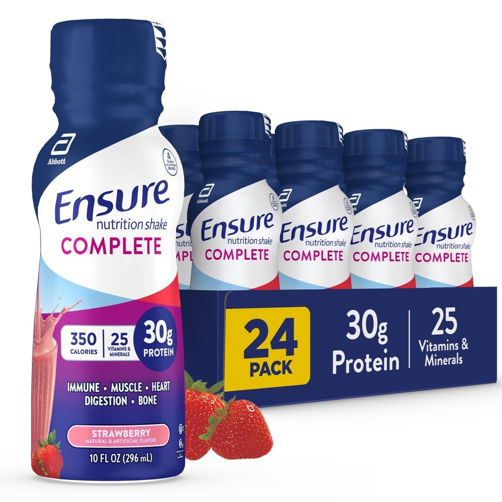 Ensure COMPLETE Nutrition Shake with 30g Protein, Immune Health Nutrients, Chocolate and Strawberry Flavors, Packs of 24 (10 fl oz)