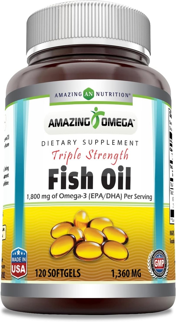Amazing Omega Triple Strength Fish Oil (Omega-3, EPA/DHA) Supplement | 1360 Mg Per Serving | 120 Softgels | Non-GMO | Gluten-Free | Made in USA