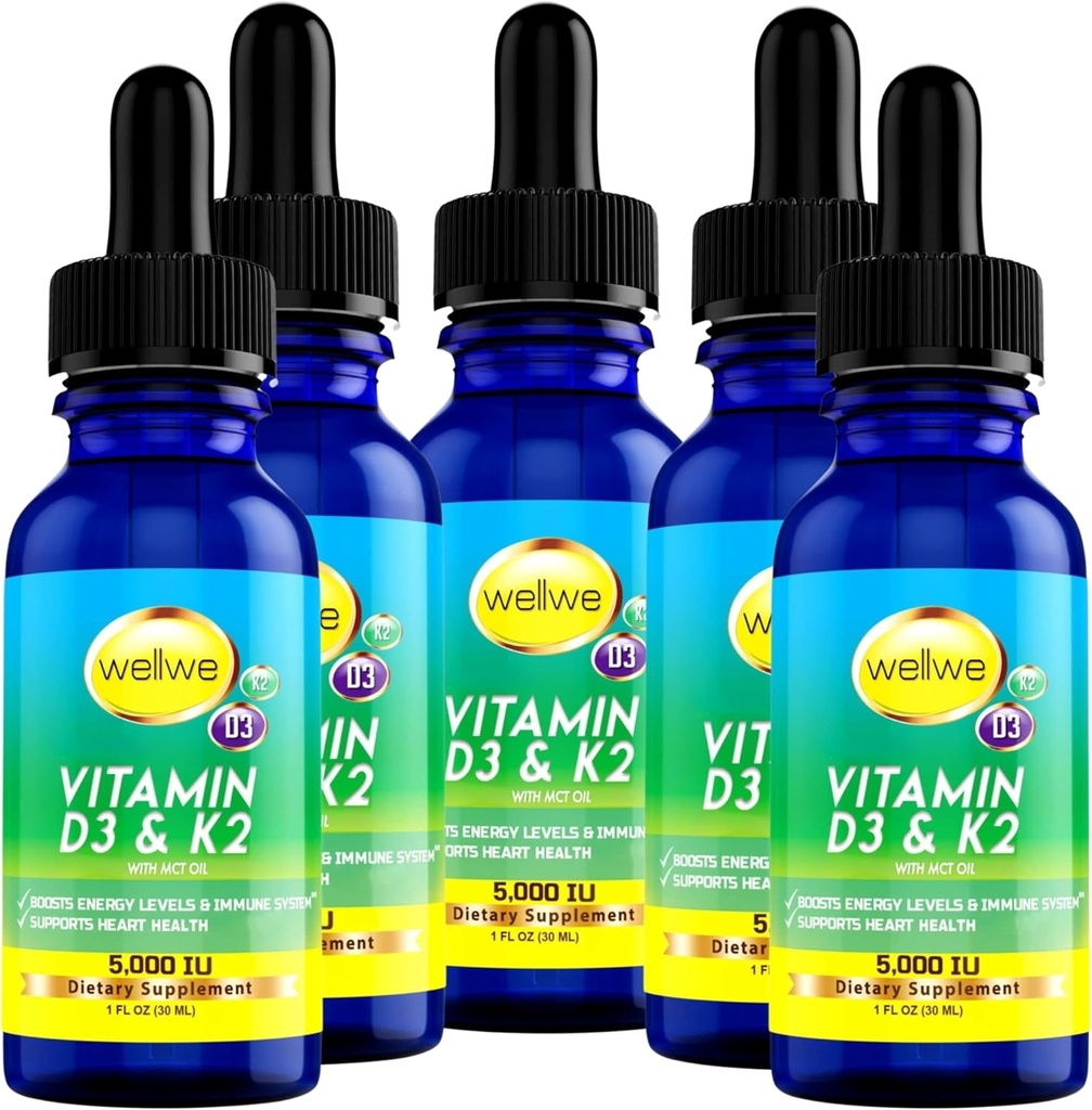 Liquid Vitamin D3 K2 Drops 5000 IU - Vegan, No Taste, No Odor, Soy-Free, Gluten Free, Non-GMO, 1000 IU per Drop, Boosts Energy Levels & Immune System, Supports Heart Health (5 Pack)