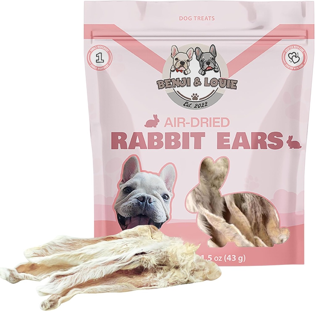 Benji & Louie Air Dried Whole Rabbit Ears with Fur - Natural Healthy Dog Treats or Dog Chews, Single Ingredient, 1.5 oz, 4 to 6 Count