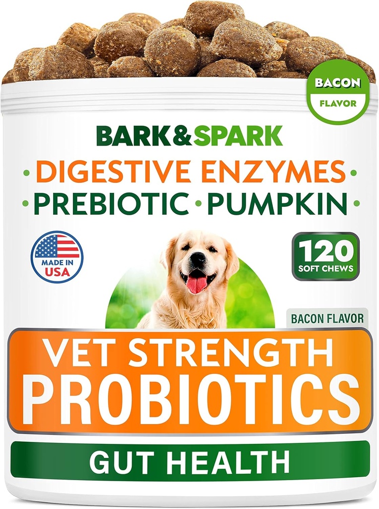 Vet Strength Dog Probiotics Chews - Gas, Diarrhea, Allergy, Constipation, Upset Stomach Relief, with Enzymes + Pumpkin + Prebiotics - Chewable Fiber Supplement - 100 Soft Chews - Smoked Duck