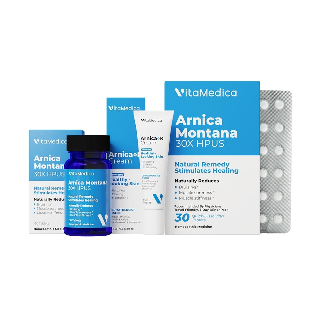 VitaMedica | Arnica & Vitamin K Cream + Arnica Montana 30X (Bottle & Blister Pack) Bundle | for Bruising, Swelling, Inflammation & Pain Relief | Softens, Calms, Moisturizes, & Restores Bruised Skin