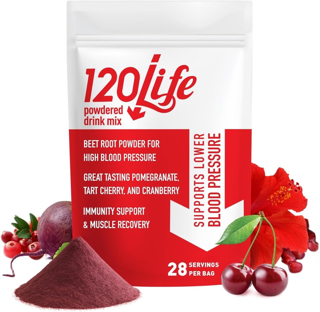 120LIFE Blood Pressure Support, Natural Beet Root Powder Drink Mix with Pomegranate Powder, Cranberry Supplement, Tart Cherry, Hibiscus, and Magnesium (28 Servings) - Gluten-Free, Vegan