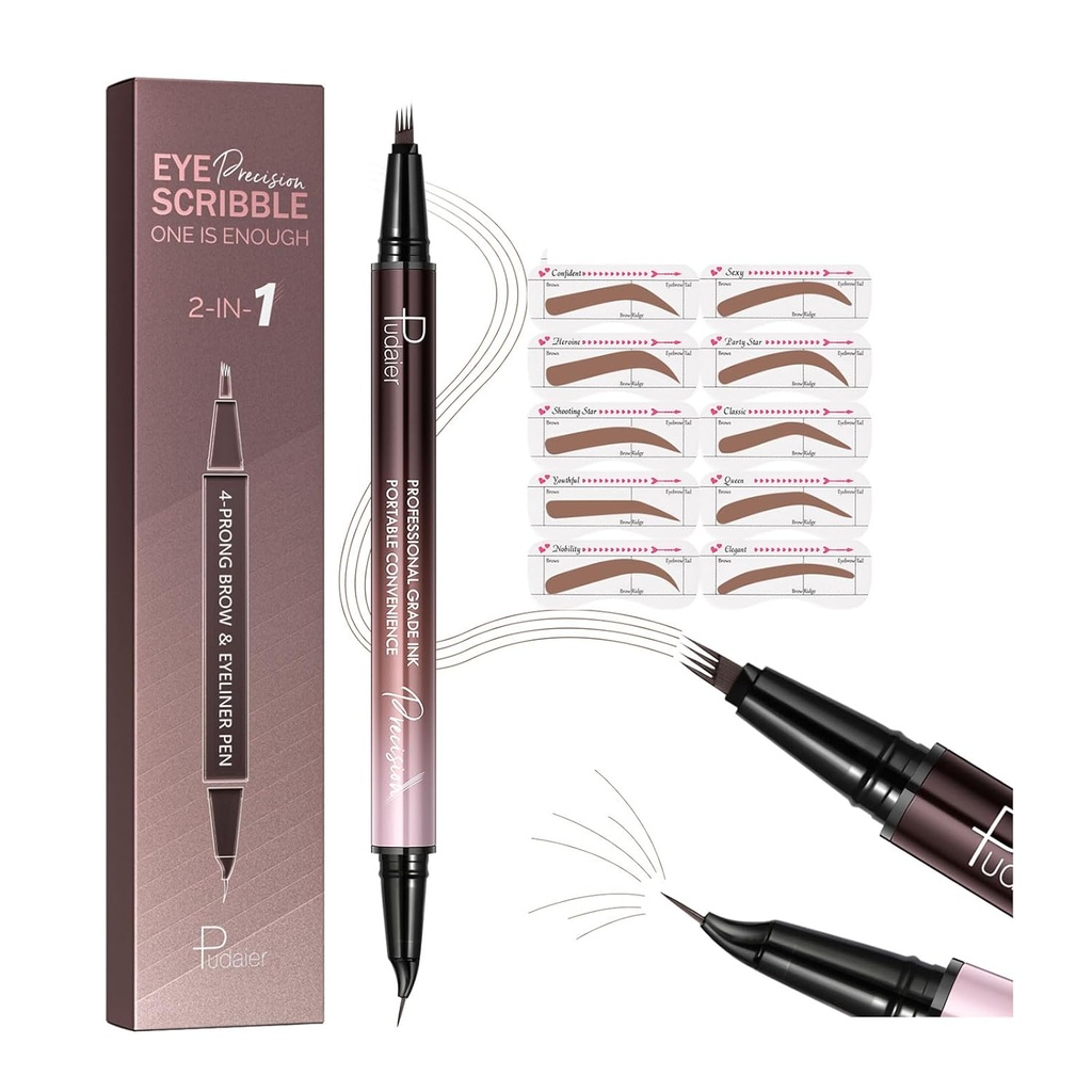 2-in-1 Curved Eyebrow Pen and Eyeliner with 10Pcs Brow Stencils, Microblading Eyebrow Pencil with 4 Fork-Tip and Curved Precise Tip, Waterproof and Long Lasting Eyebrow Pencils for Women, Soft Brown