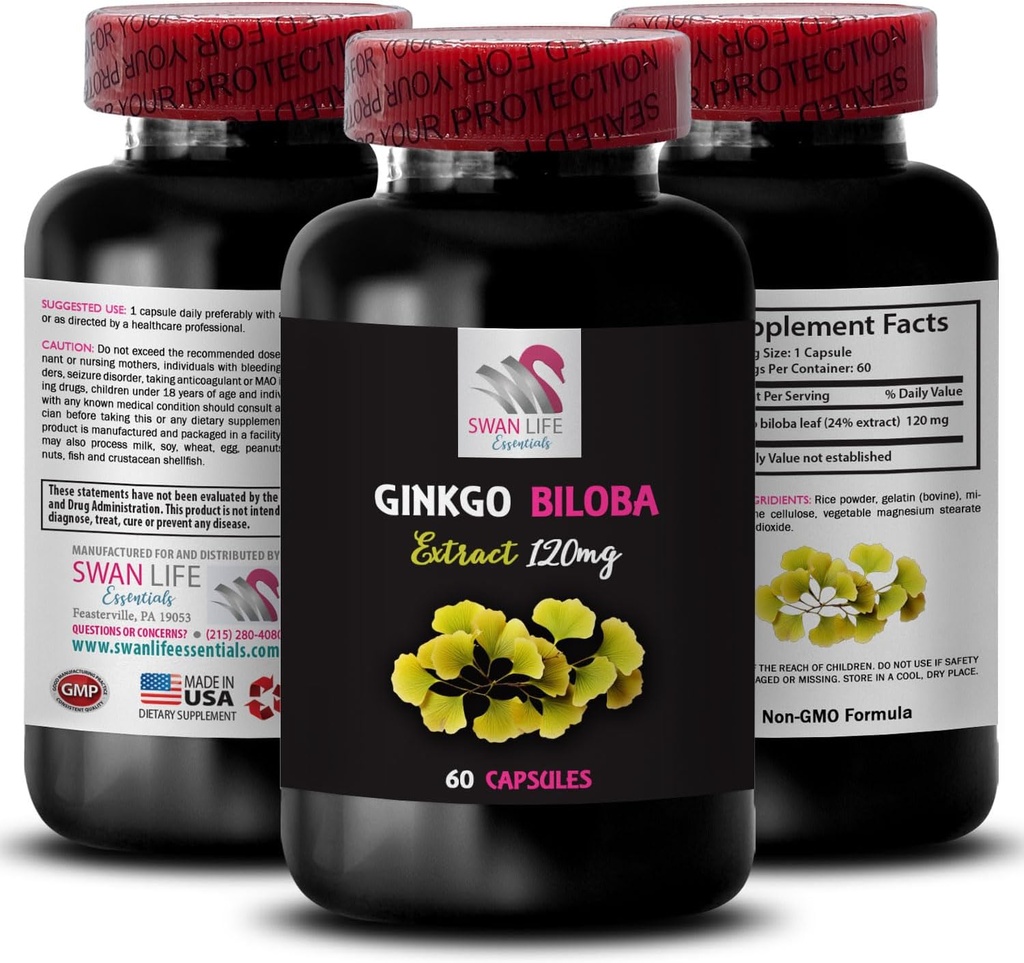 Herbal antioxidant Properties - Ginkgo BILOBA Extract - Antioxidant-Rich Supplement, Ginkgo biloba Leaves, Ginkgo biloba, Herbal Leaf Extract Benefits, Natural Leaf Extract 1 Bottle 60 Capsules
