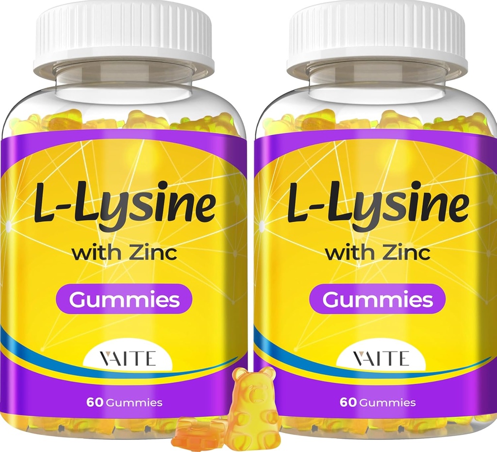 L Lysine Gummies 1000mg with Zinc - Supports Skin, Lip, Vegan, Gluten Free, 60 Chewable L-Lysine for Adults, Vitamins Tissue Health & Immune System, Amino Acid & Complex Supplements, Non-GMO(2Pack)
