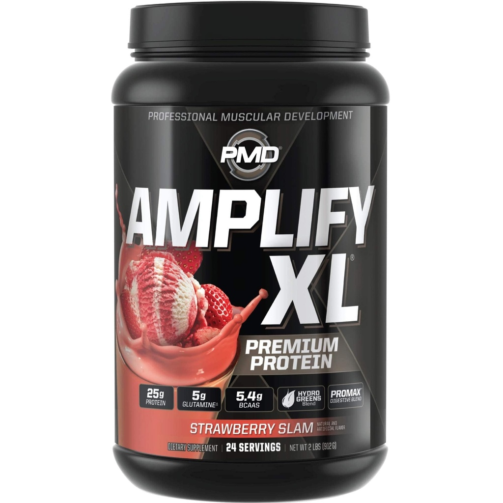 PMD Sports Amplify XL Premium Whey Protein Supplement Hydro Greens Blend - Glutamine and Whey Protein Matrix with Superfood for Muscle, Strength and Recovery - Strawberry Slam (24 Servings)