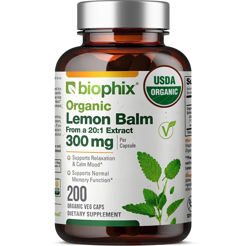 biophix Organic Lemon Balm Capsules 300 Mg USDA Organic, 20:1 Extract, Supports Relaxation, Calm Mood, Memory & Focus, Stress & Sleep, Non-GMO, Vegan, 200 Veggie Capsules