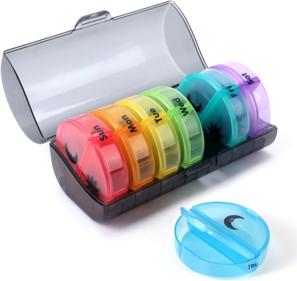 Weekly Pill Organizer 2 Times a Day, Travel Pill Box 7 Day, AM PM Twice a Day Pill Case, Portable Daily Vitamin Organizers for Medication, Vitamins, Fish Oil, Supplements (Multi-Color)