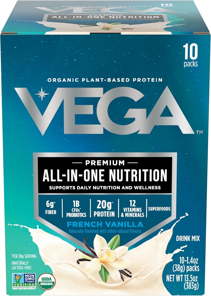 Vega Organic All-in-One Vegan Protein Powder, French Vanilla -Superfood Ingredients, Vitamins for Immunity Support, Keto Friendly, Pea Protein for Women & Men, 13.5 oz (Packaging May Vary)