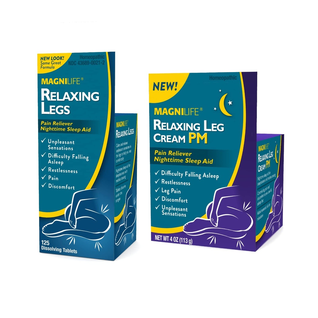 MagniLife Relaxing Legs 125 Count Quick Dissolve Tablets Relaxing Leg Cream PM 4oz Jar Restless Legs