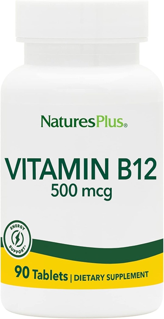 Natures Plus Vitamin B12 (Methylcobalamin) - 500 mcg, 90 Vegetarian Tablets -High Potency Red Blood Cell Support - Natural Energy Booster, Promotes Overall Health - Gluten-Free - 90 Servings