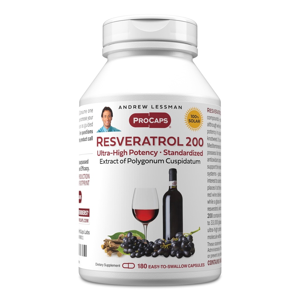 ANDREW LESSMAN Resveratrol-200mg - 180 Capsules - Red Wine's Beneficial, Naturally Occurring Anti-oxidant, Without Alcohol. Additives Free