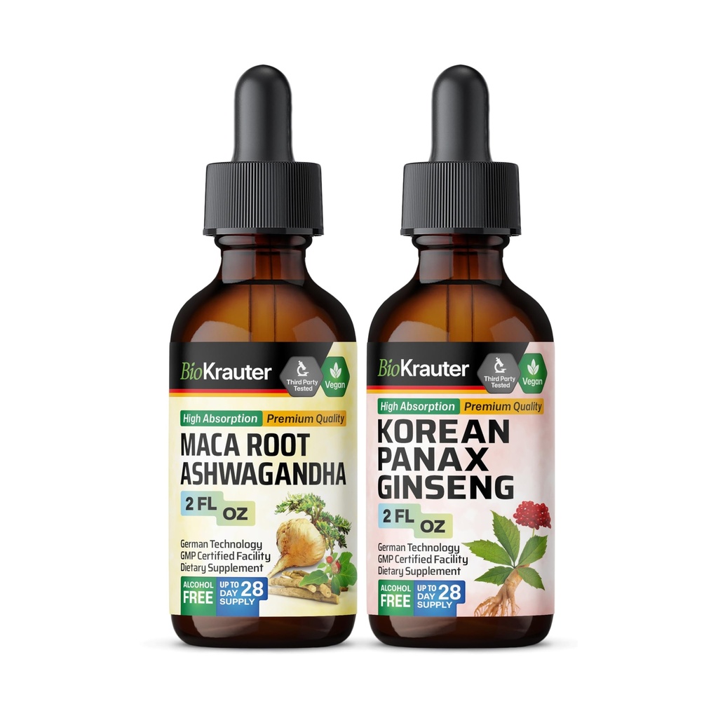 BIO KRAUTER Maca Root Ashwagandha Tincture 2 Fl. Oz. & Korean Panax Ginseng Tincture 2 Fl. Oz.