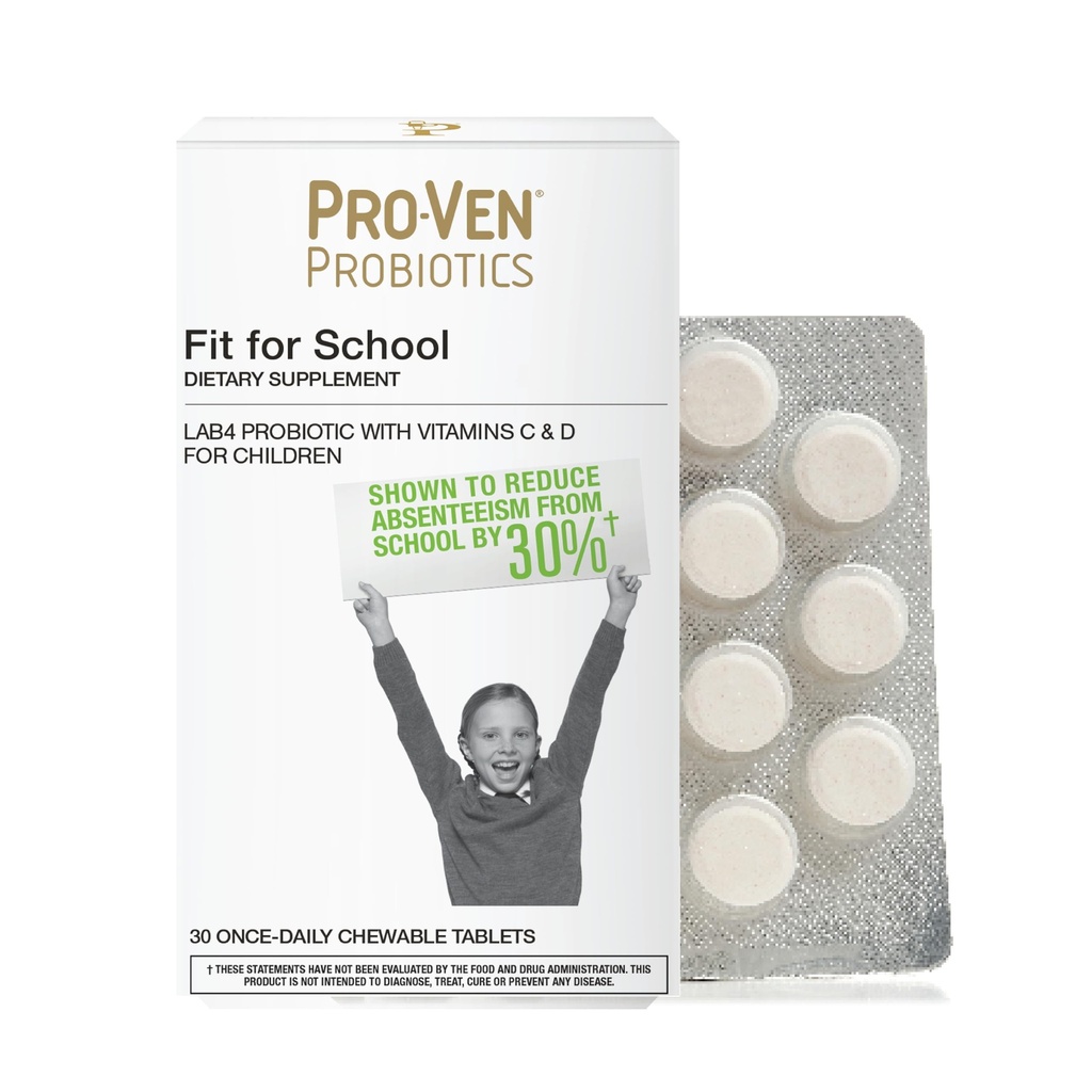 Pro-Ven Fit for School Kids Vitamins Kids Probiotic Chewable Tablets | 12.5 Billion CFUs with Vitamin C & D for Ages 4-16 | Strawberry Flavor | Vegetarian, Gluten & Lactose Free | 30 Daily Tablets