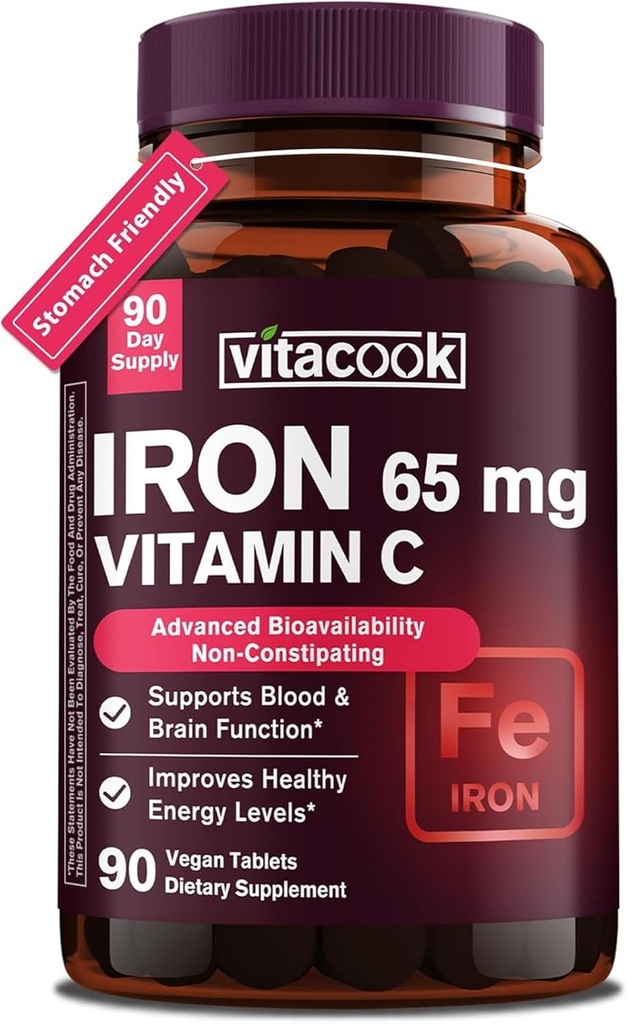 Iron Supplement for Women Men | High Potency Iron 65mg with Vitamin C 250mg | Stomach Friendly Iron Pills for Red Blood Cell & Immune Support | Vegan, Non-GMO & Gluten Free | 90 Tablets