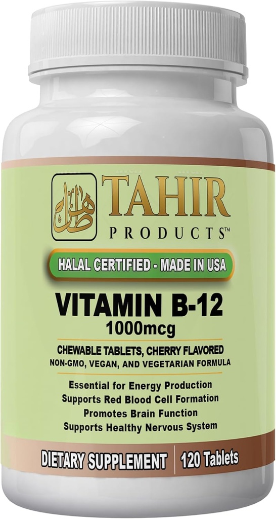 Tahir Halal Vitamin B12 1000mcg: Boosts Energy, Metabolism & Nervous System Health. Vegan & Vegetarian, Dairy-Free, 120 chewable Tablets. Made in USA - Certified Halal.