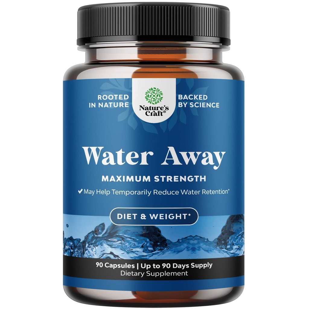 Water Away Herbal Diuretic Pills High Strength - Fluid Retention Supplement with Dandelion Leaf Extract & Green Tea for Bloating Relief for Women & Men - Capsules for Leg & Feet Swelling - 90 Count