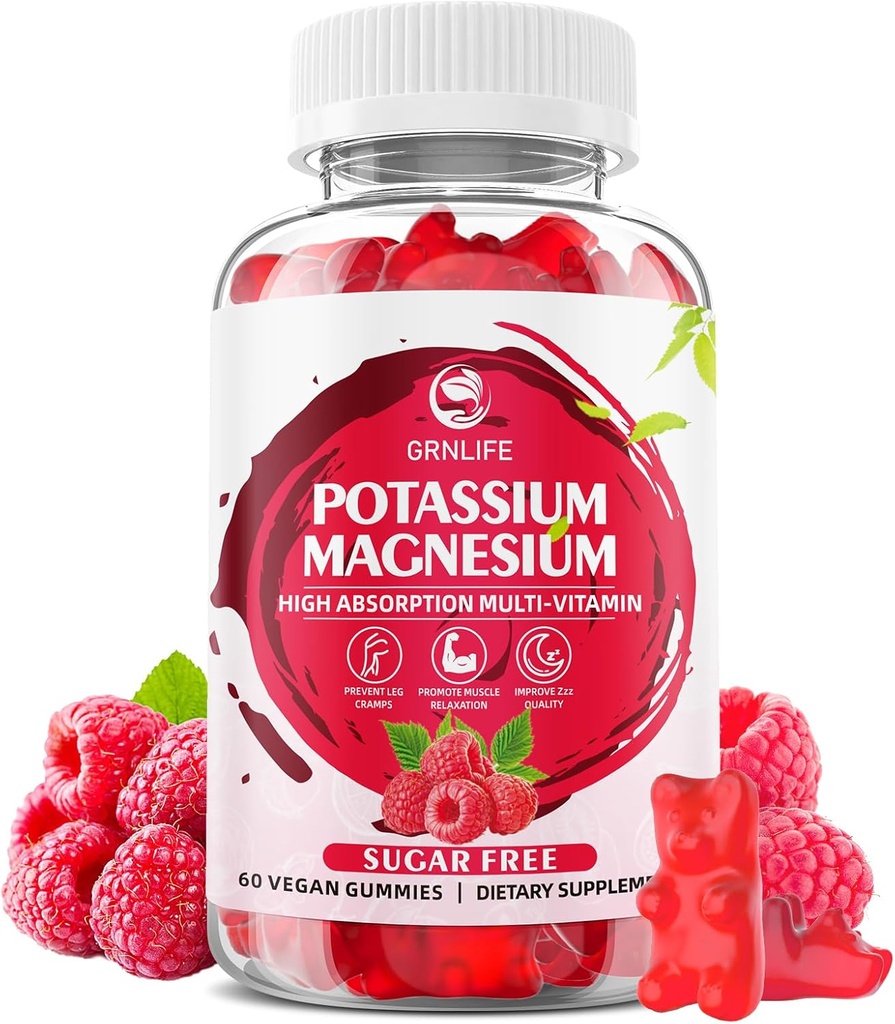 Potassium Magnesium Supplement Gummies, Potassium Gummies for Adults Kids, High Absorption Magnesium Glycinate for Leg Cramps & Immune Health, Sugar-Free, Raspberry Flavors, 60 Count