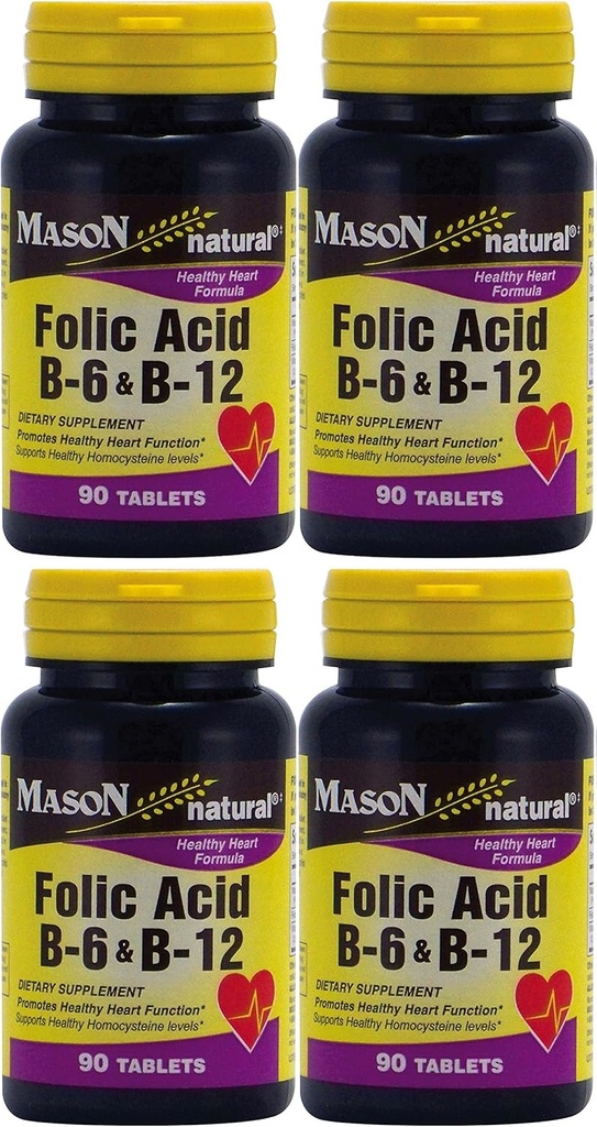 Mason Vitamins Folic Acid B-6 & B12 Heart Health Formula 90 Tablets per Bottle Pack of 4 Total 360 Tablets