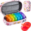 Serfeymi Weekly Travel Pill Organizer 2 Times A Day AM PM Upgraded Rainbow Pill Box 7 Day with Portable Zipper PU Leather Pill Case, Medicine Organizer for Pills, Vitamins, Fish Oils - Pink 03