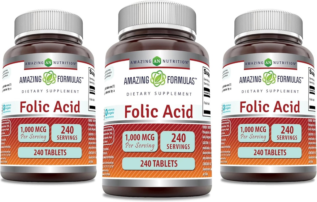 Amazing Formulas Folic Acid 1000 mcg (1 mg) Tablets Supplement | Vitamin B9 | Non-GMO | Gluten Free | Made in USA (240 Count | 3 Pack)