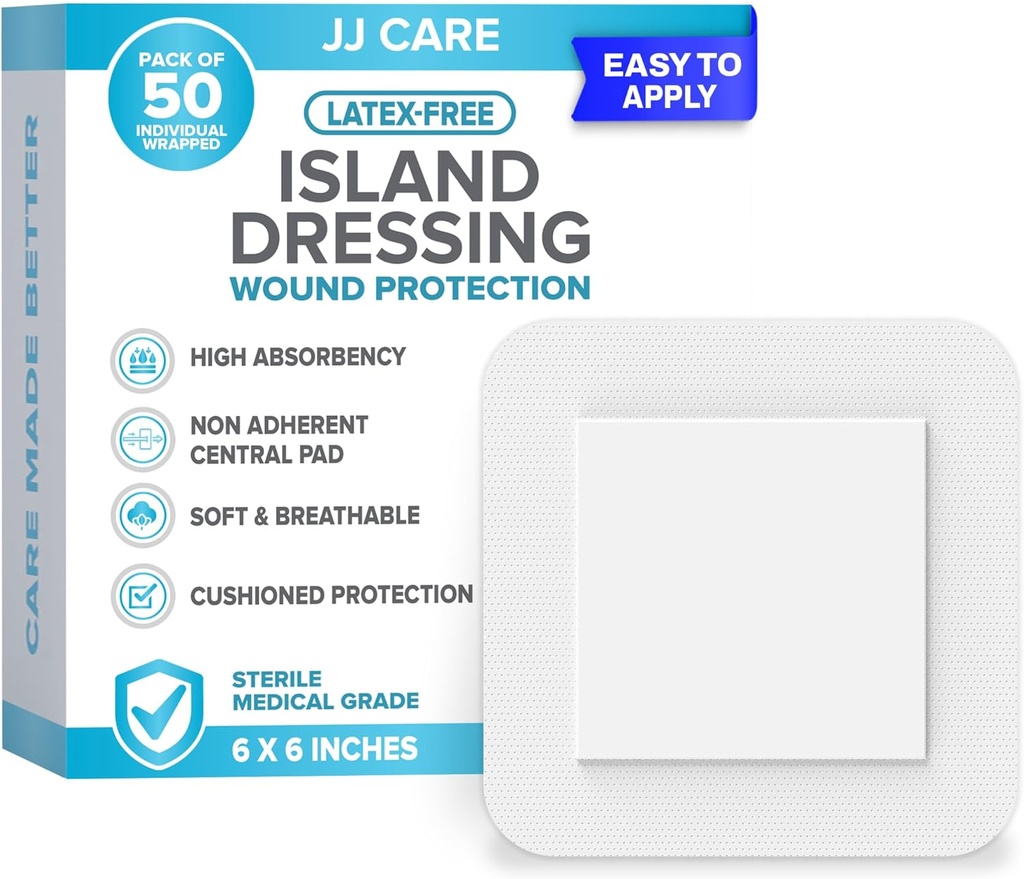 JJ CARE Adhesive Island Dressing [Pack of 50], 6x6 Sterile Bordered Gauze Dressing, Breathable Island Wound Dressing Individually Wrapped with Highly Absorbent Non-Stick Center Pad
