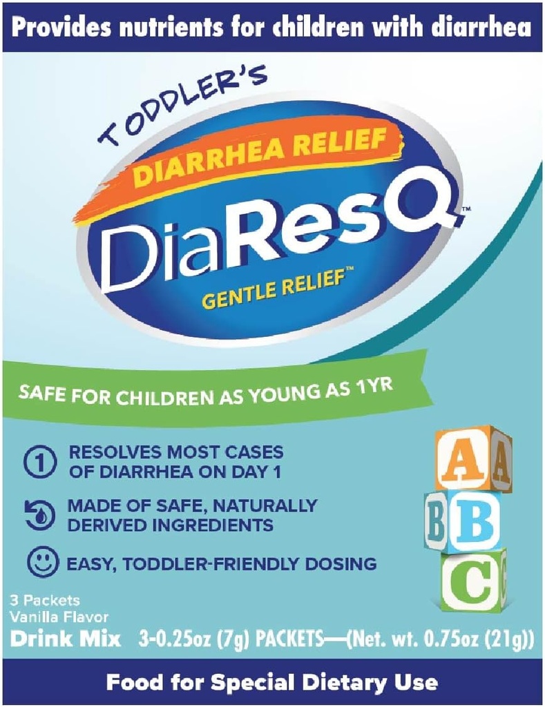 DiaResQ Diarrhea & Immune Support Colostrum Drink Mix for Toddlers (1+ Years) Pack of 3, Gentle Relief, Helps Restore Normal Intestinal Function, Antibiotic & Drug-Free, Gluten Free, Vanilla Flavor