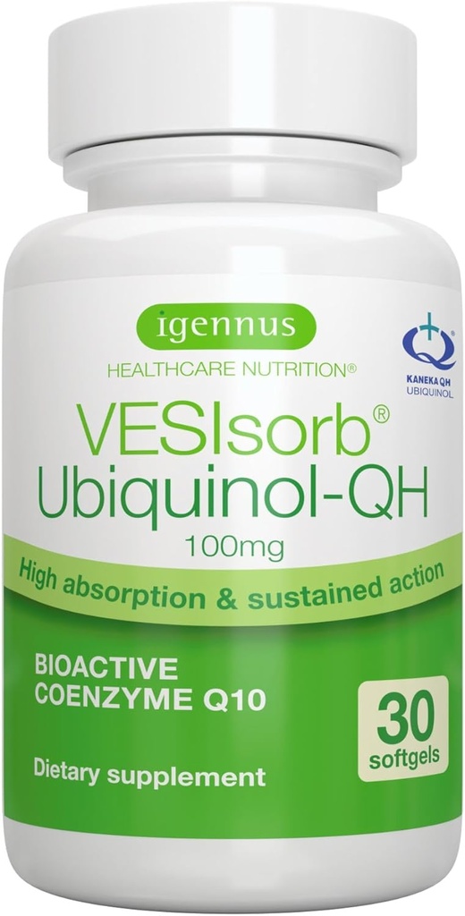 Igennus Advanced VESIsorb Ubiquinol 100mg 30 Softgels, 600% Bioavailability, Fast-Acting Water-Soluble Coenzyme Q10 Supplement for Energy & Heart, 1-Month Supply
