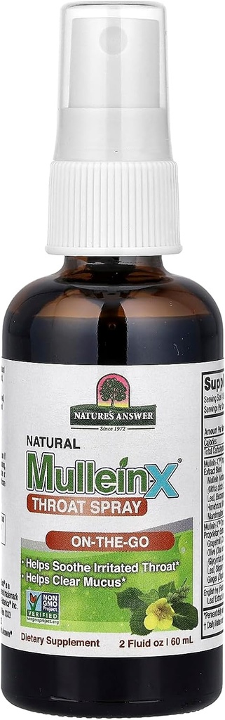 Mullein-X Throat Spray 2 Fluid Ounce | On The Go | Soothes Throat | Clears Mucus | Gluten Free, Non GMO, Vegetarian | Natural Peppermint Flavor