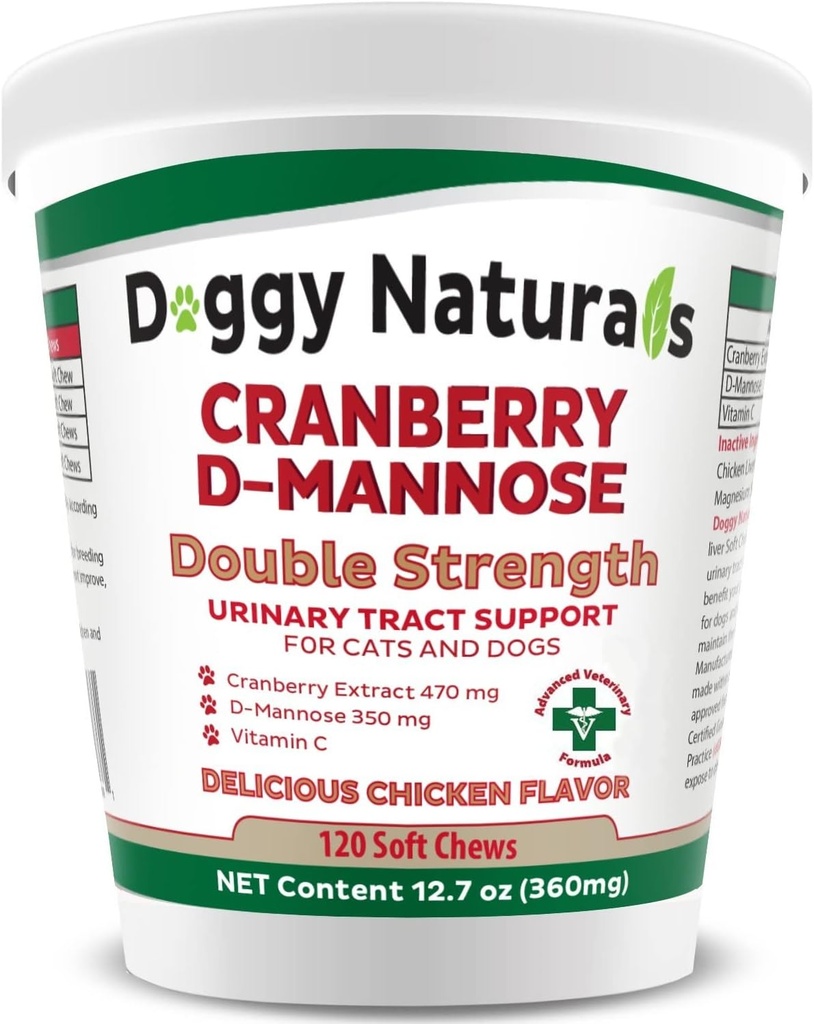 Cranberry D-Mannose for Dogs and Cats Urinary Tract Infection Support Prevents and Eliminates UTI, Bladder Infection Kidney Support 11.4 oz (Double Strength Soft Chew, 120 Soft Chew)
