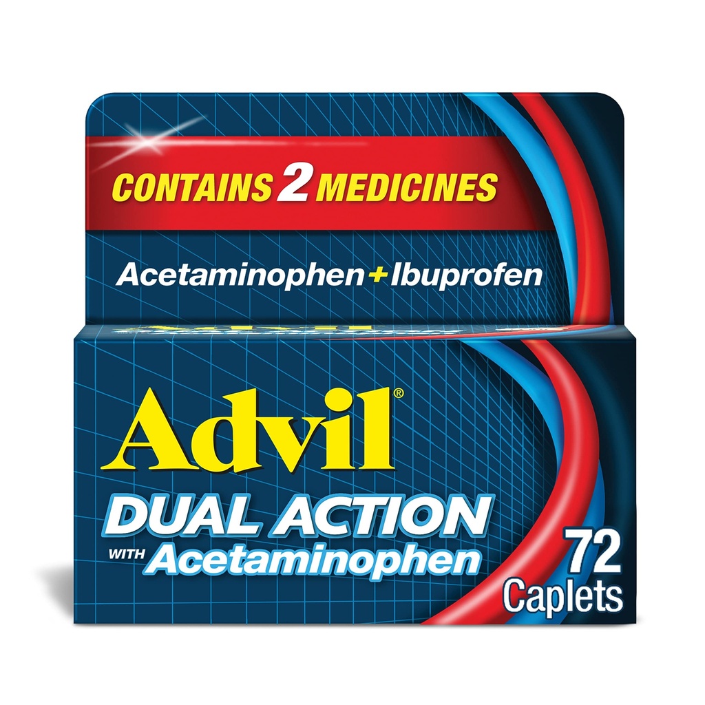 Advil Dual Action Coated Caplets with Acetaminophen, 250 Mg Ibuprofen and 500 Mg Acetaminophen Per Dose (2 Dose Equivalent) for 8 Hour Pain Relief - 72 Count