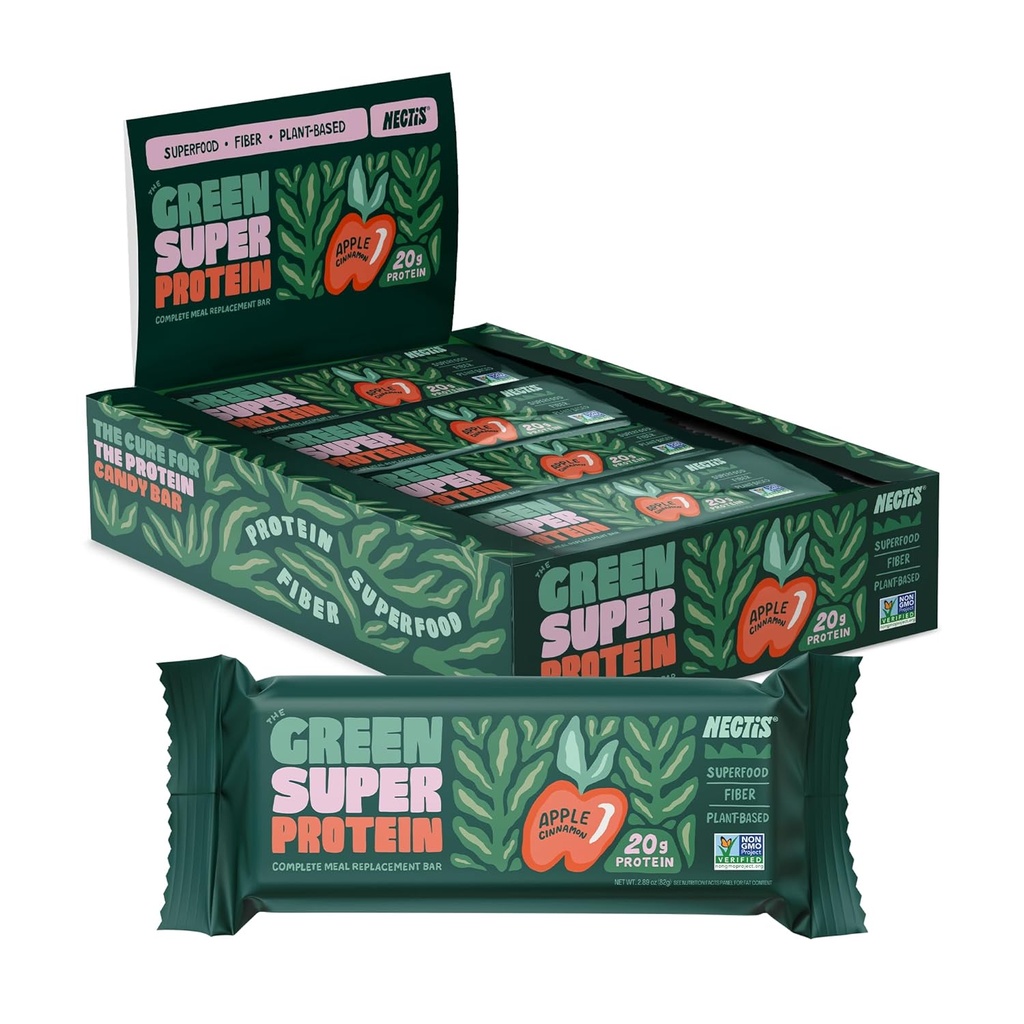 Nectis Green Super Protein Meal Bars, Apple Cinnamon, 20g plant protein, Organic Greens, high fiber, vegan, no soy, non gmo, 82g Bar, 8 pack