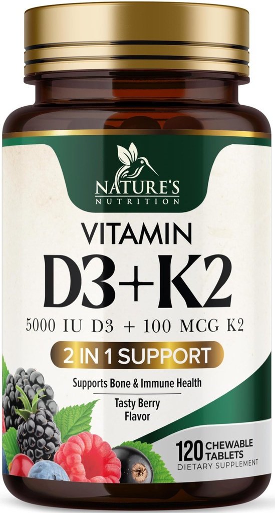 Vitamin D3 K2 Supplement | 5000 IU D3 + K2 100 mcg | MK-7 K2 with Vitamin D | Supports Immune, Heart, Teeth & Bone Health - Nature's Easy to Chew, VIT D3 K2, Non-GMO, Tasty Berry Flavor - 120 Tablets