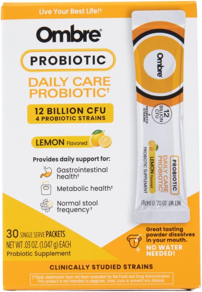 Ombre Daily Care Probiotic Powder - Prebiotics and Probiotics for Women, Men, & Kids - Quick Dissolving Powder Promotes Digestive Health & Overall Wellness - 12 Billion CFU - Lemon Flavor, 30 Packets