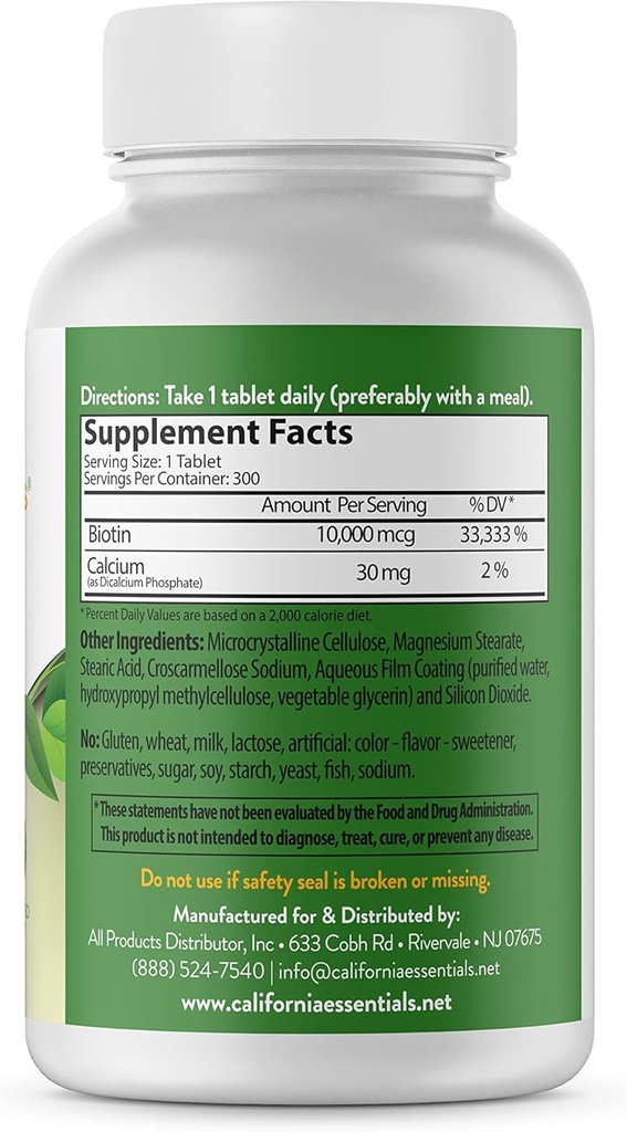 California Essentials Biotin 10000mcg | Vitamin B7 Promotes Healthy Skin, Hair & Nail Growth | High Potency Dietary Supplement for Men & Women | Non-GMO, Vegan, Gluten & Dairy Free (300 Tablets)