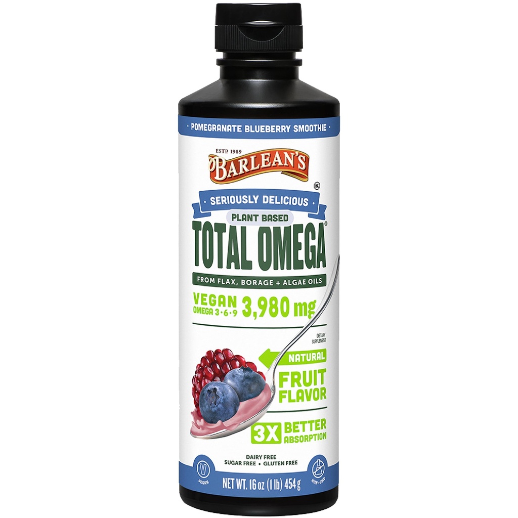 Barlean's Vegan Omega 3 6 9 Flaxseed, Borage and Algae Oil Liquid Supplement, Pomegranate Blueberry, 3,980 mg GLA, EPA and DHA Fatty Acid, Vegan, 16 oz