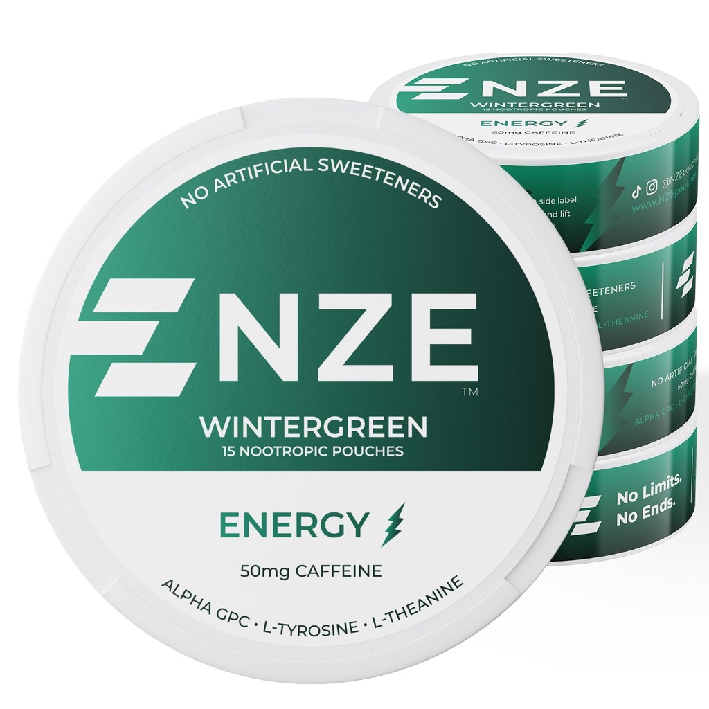 NZE Caffeine Nootropic Pouches (Wintergreen) - Energy Pouches with 50mg Caffeine, Alpha GPC, L-Tyrosine & L-Theanine with No Sugar or Artificial Sweeteners - 15 Pouches Per Can - 5 Pack