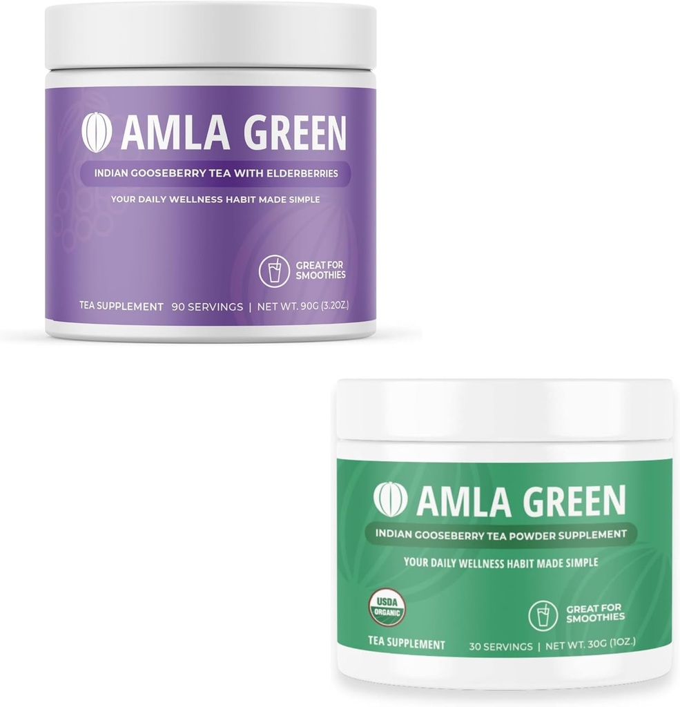 Amla Powder & Green Tea Superfood Supplement, Antioxidant Support, Made with Elderberries (90 Servings) & Indian Gooseberries (30 Servings), Organic, Vegan