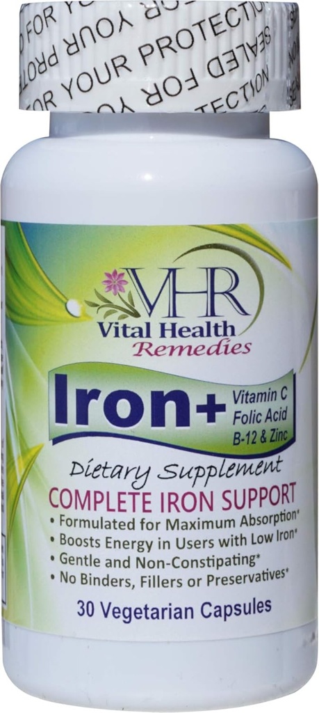 Iron+ with Vitamin C, FOLIC Acid, B-12 & ZINC Preservative-Free, Gentle and Non-constipating Formulated for Maximum Absorption. 30 Veggie caps - Vital Health Remedies